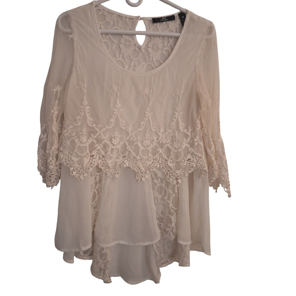 BKE Boutique Ivory Lace Tunic Top Womens Medium Floral Sheer High Low Boho Fairy